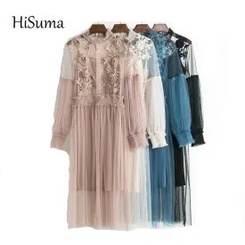 2021 Spring Autumn New Female Chic Flower Lantern Sleeve Gauze Lace Pleated Dress Women'S Waist Slim