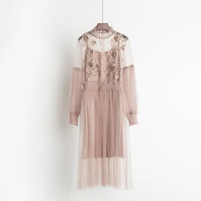 2021 Spring Autumn New Female Chic Flower Lantern Sleeve Gauze Lace Pleated Dress Women'S Waist Slim