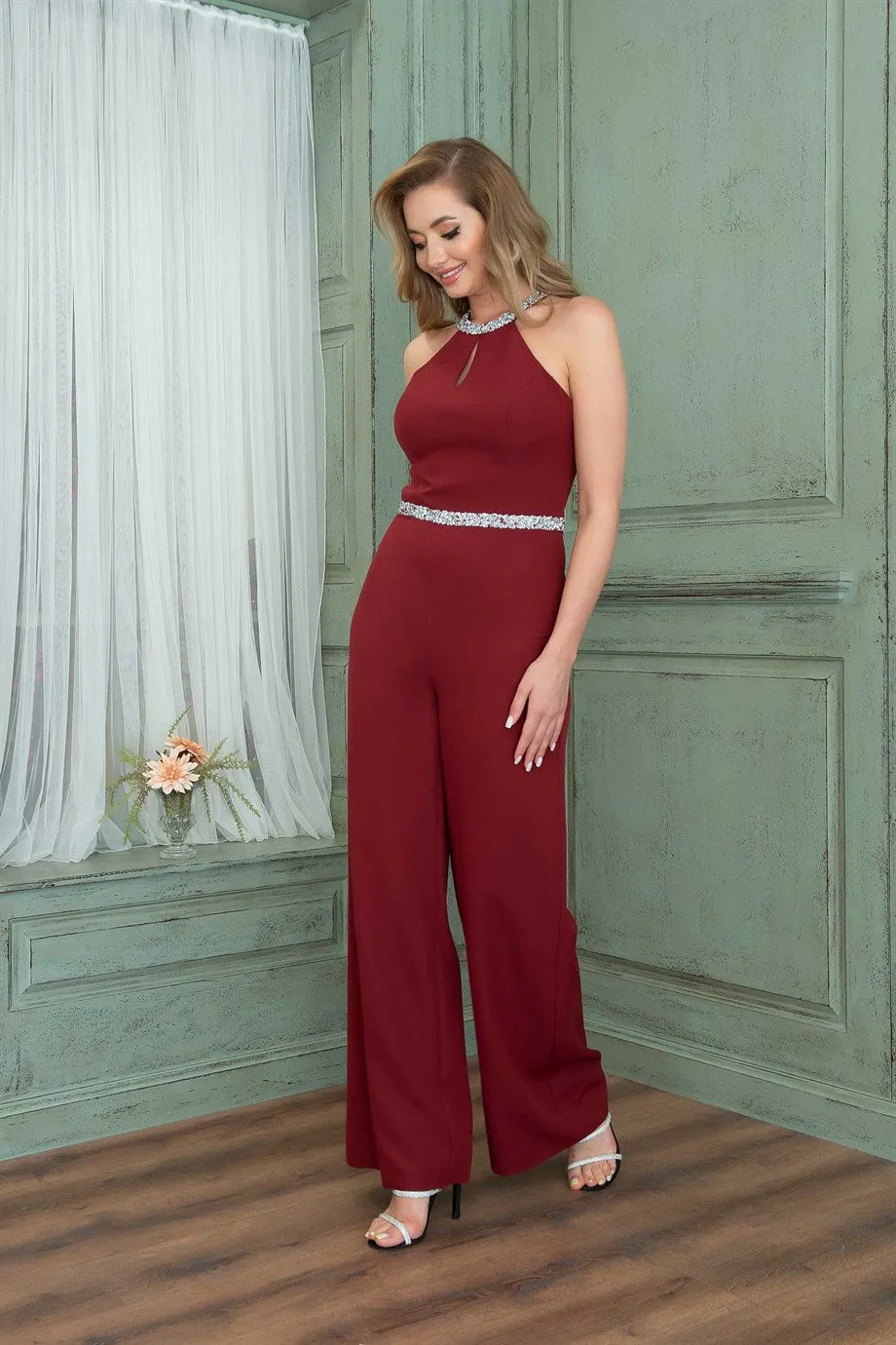 Angelino Bordeaux collar waist stone jumpsuit