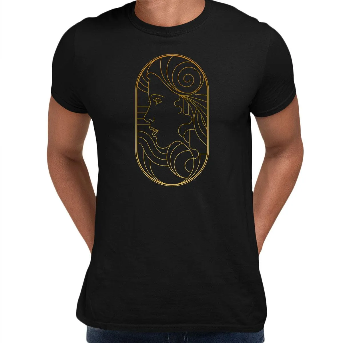 Art Deco Elegant Portraits Unisex T-shirt Golden Nostalgia Soft Line Design 8