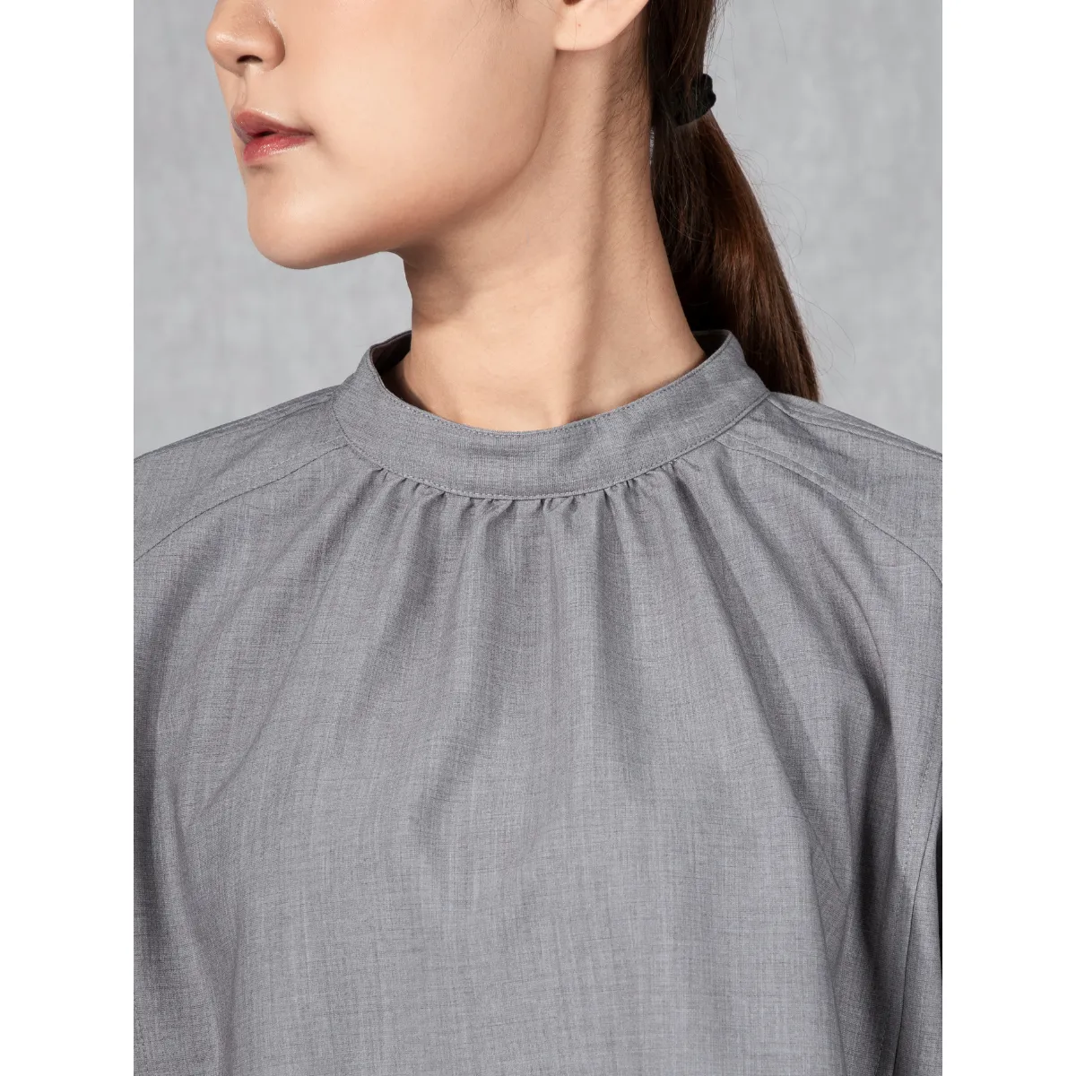 Band Collar Gathered Blouse Heather Grey