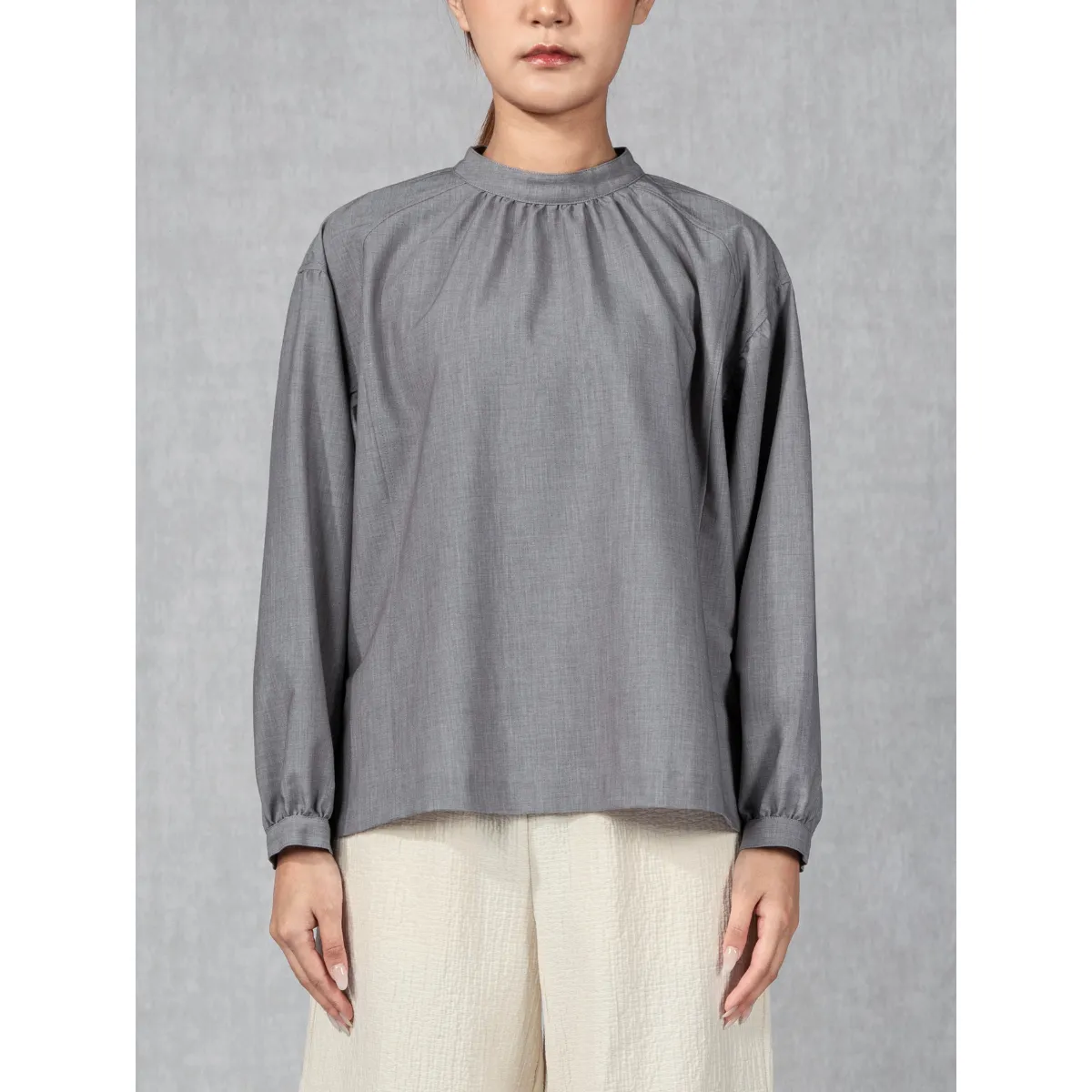 Band Collar Gathered Blouse Heather Grey