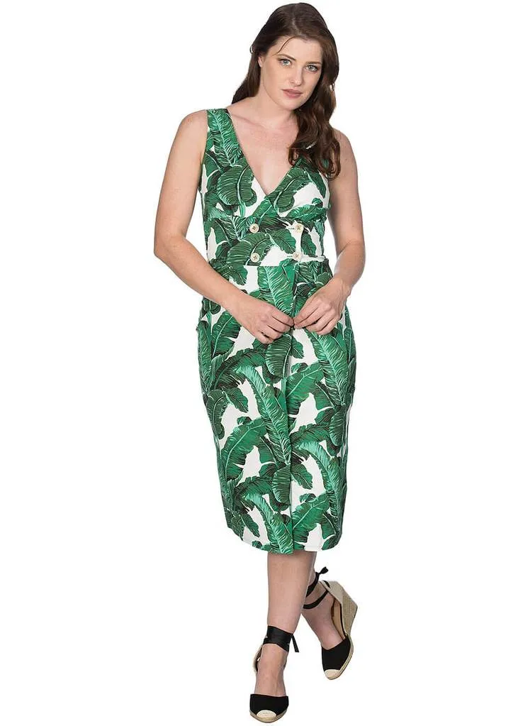 Banned Tropical Leaves 50's Pencil Dress Green