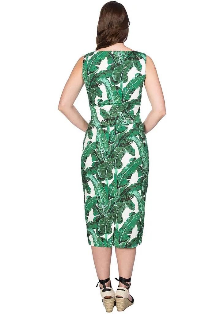 Banned Tropical Leaves 50's Pencil Dress Green