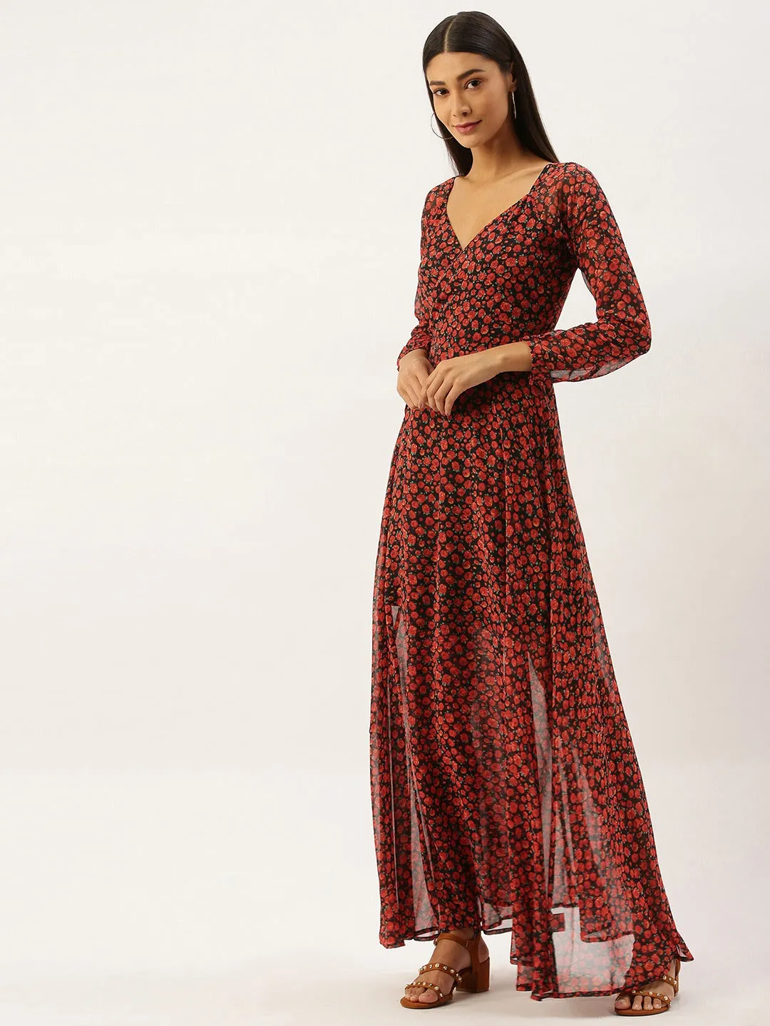 Berrylush Women Black & Red Floral Print V-Neck Maxi Dress