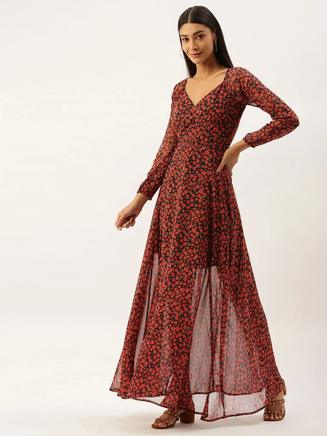 Berrylush Women Black & Red Floral Print V-Neck Maxi Dress