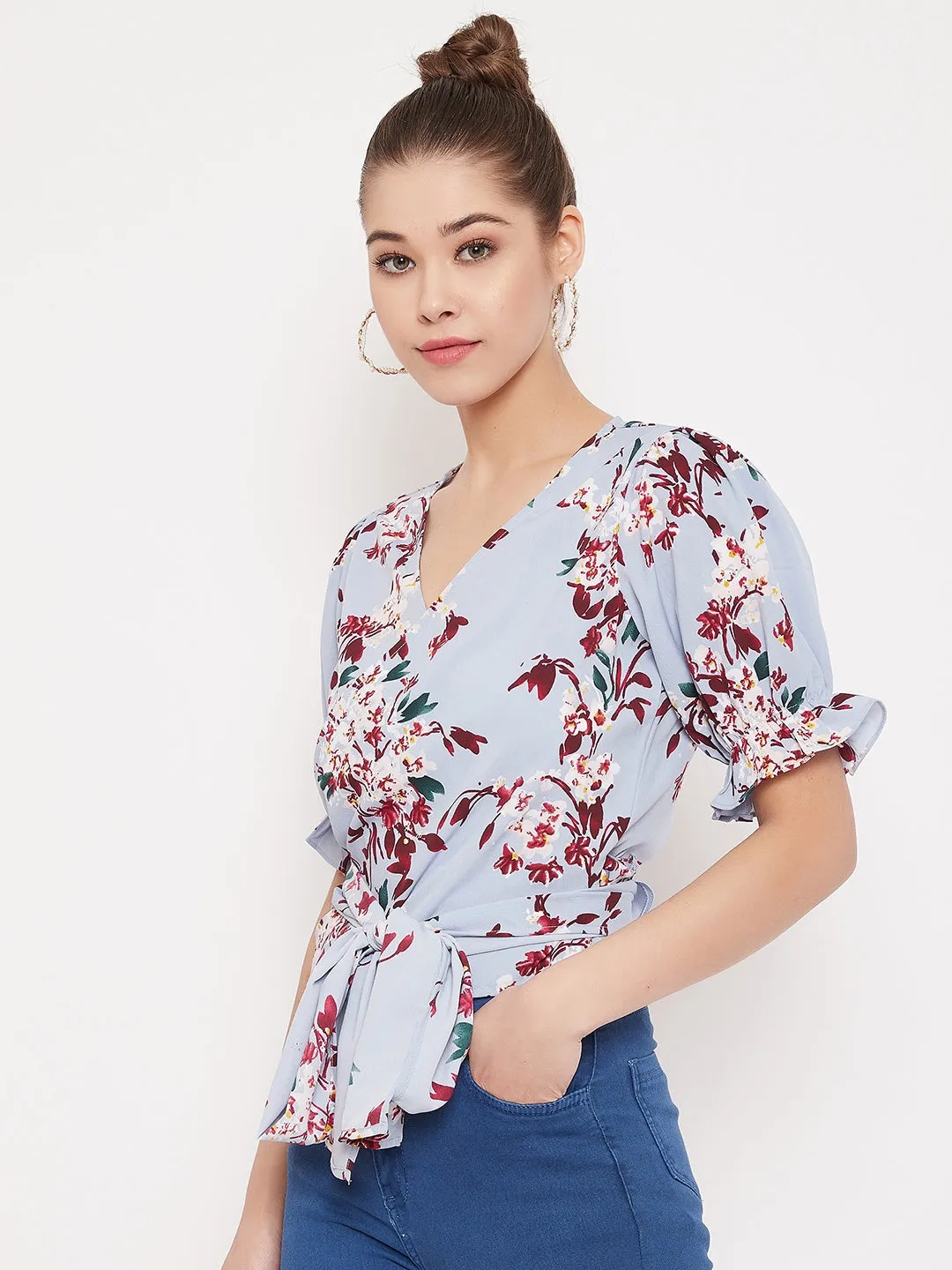 Berrylush Women Blue Floral Printed V-Neck Wrap Top