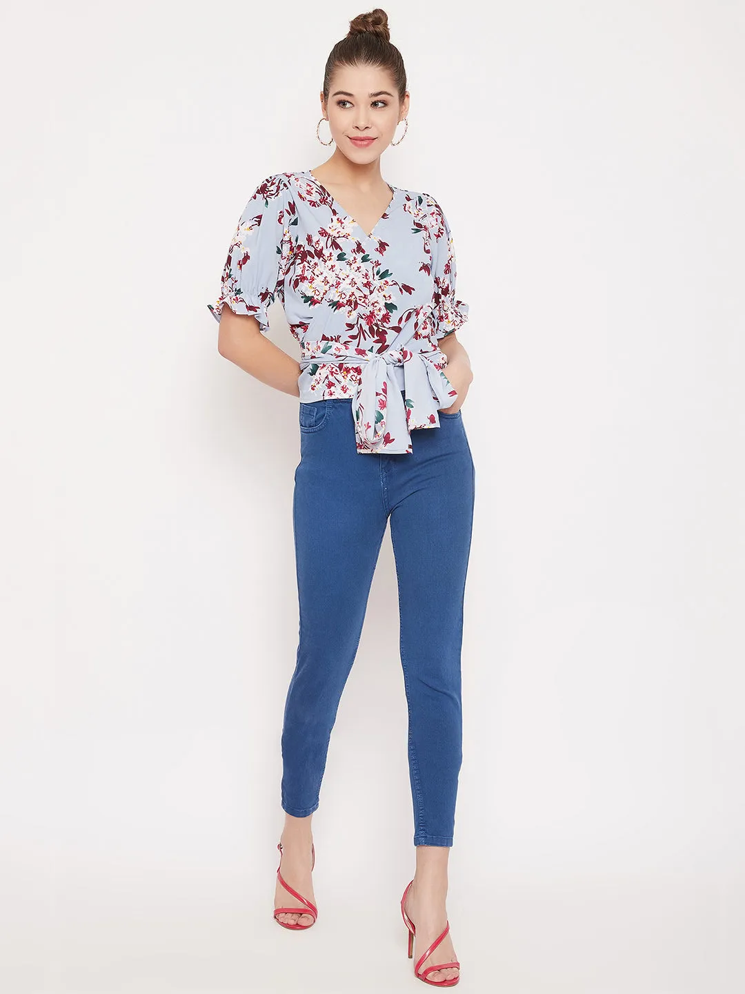 Berrylush Women Blue Floral Printed V-Neck Wrap Top