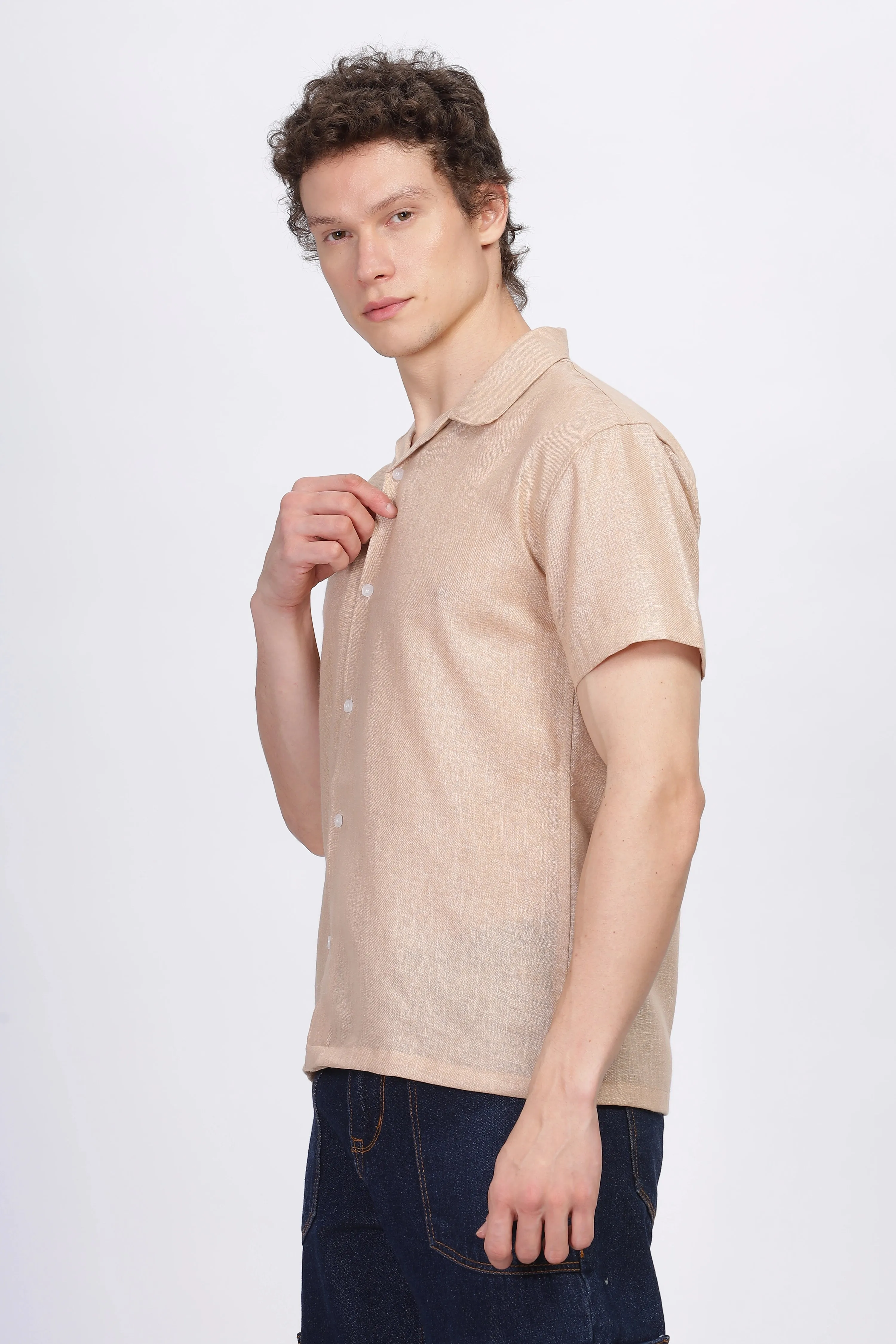 Biege half sleeve linen shirt for men