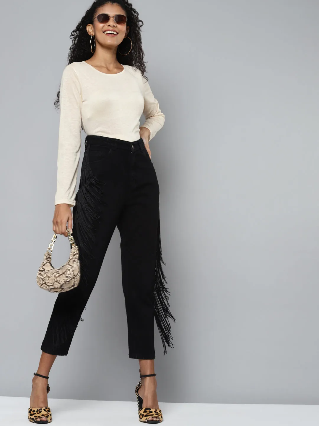 Black Denim Side Fringe Lace Detail Mom Jeans