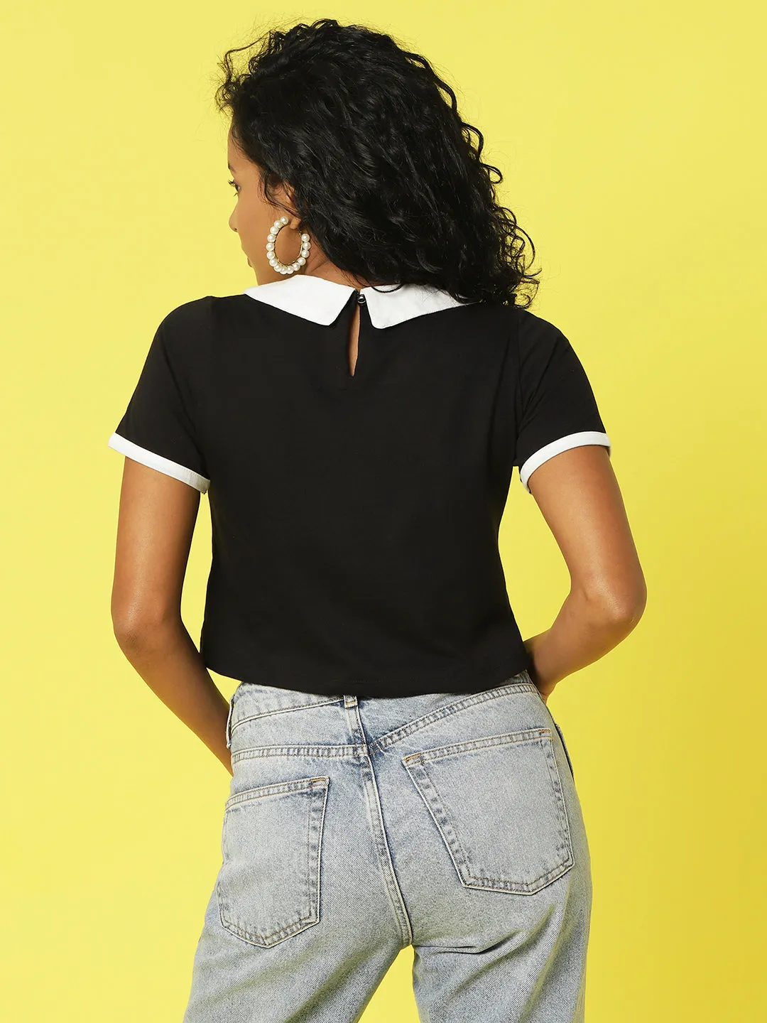 Black Peter Pan Collar Solid Half Sleeves Crop Top