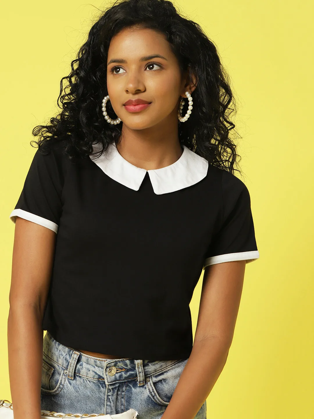 Black Peter Pan Collar Solid Half Sleeves Crop Top