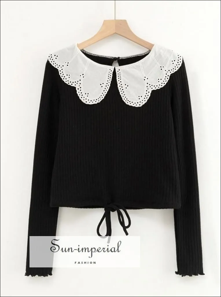 Black Ribbed Long Sleeve Women top Blouse with White Lace Peter Pan Collar