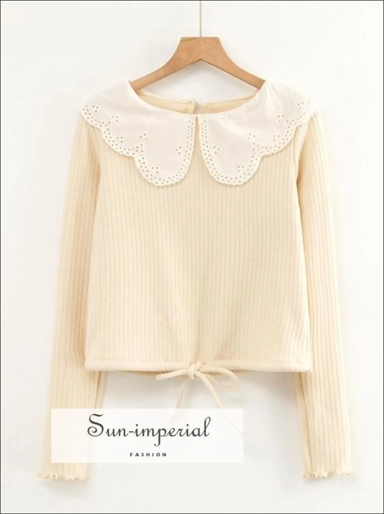 Black Ribbed Long Sleeve Women top Blouse with White Lace Peter Pan Collar