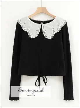 Black Ribbed Long Sleeve Women top Blouse with White Lace Peter Pan Collar