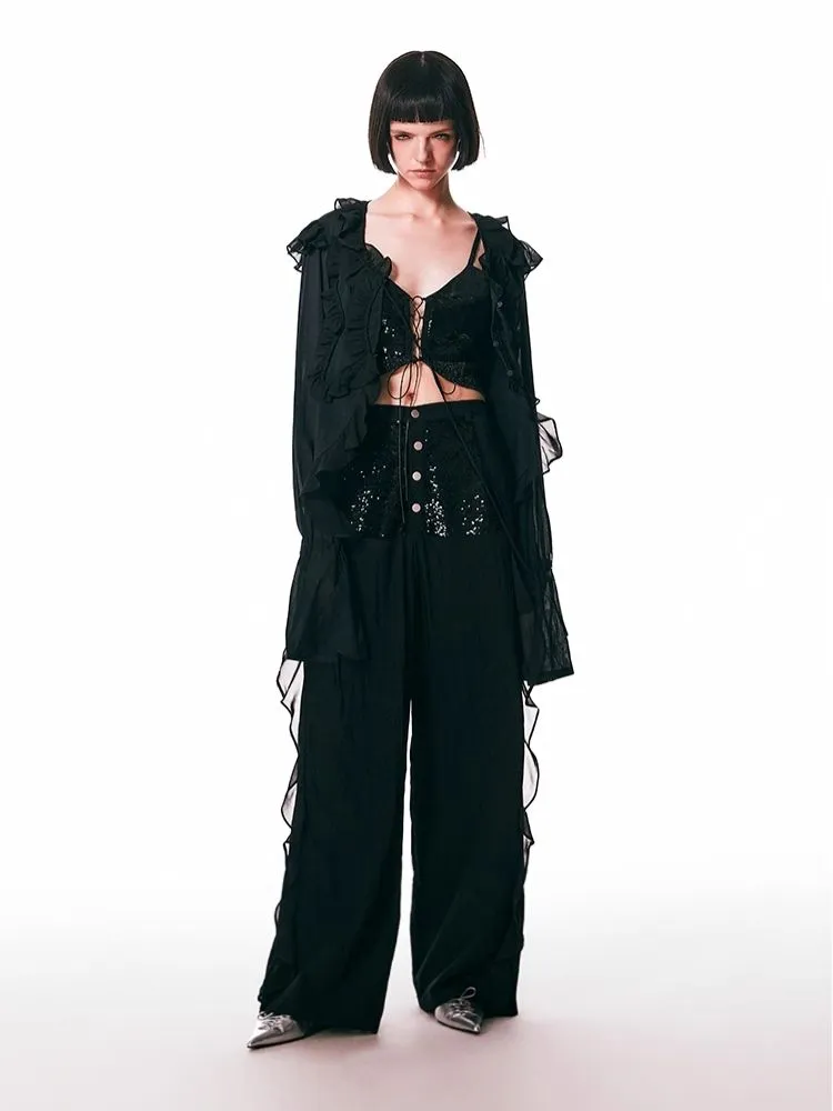 Black Spliced Lace Breathable Trousers【s0000006950】