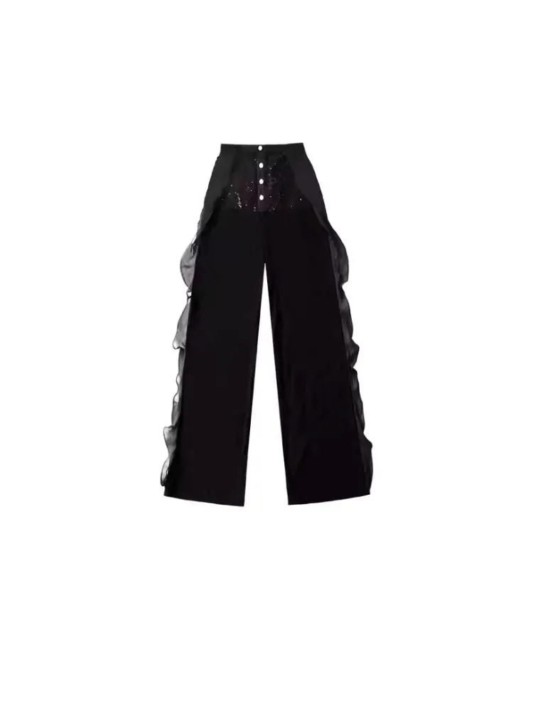 Black Spliced Lace Breathable Trousers【s0000006950】