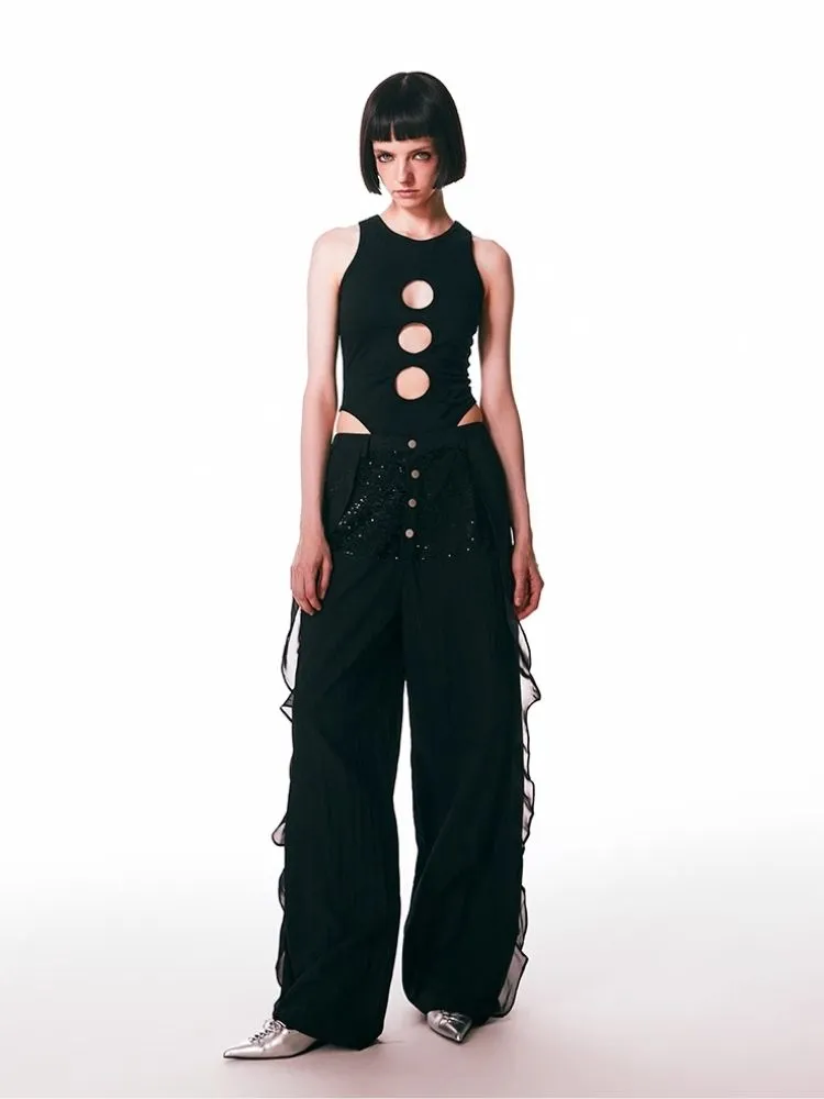 Black Spliced Lace Breathable Trousers【s0000006950】