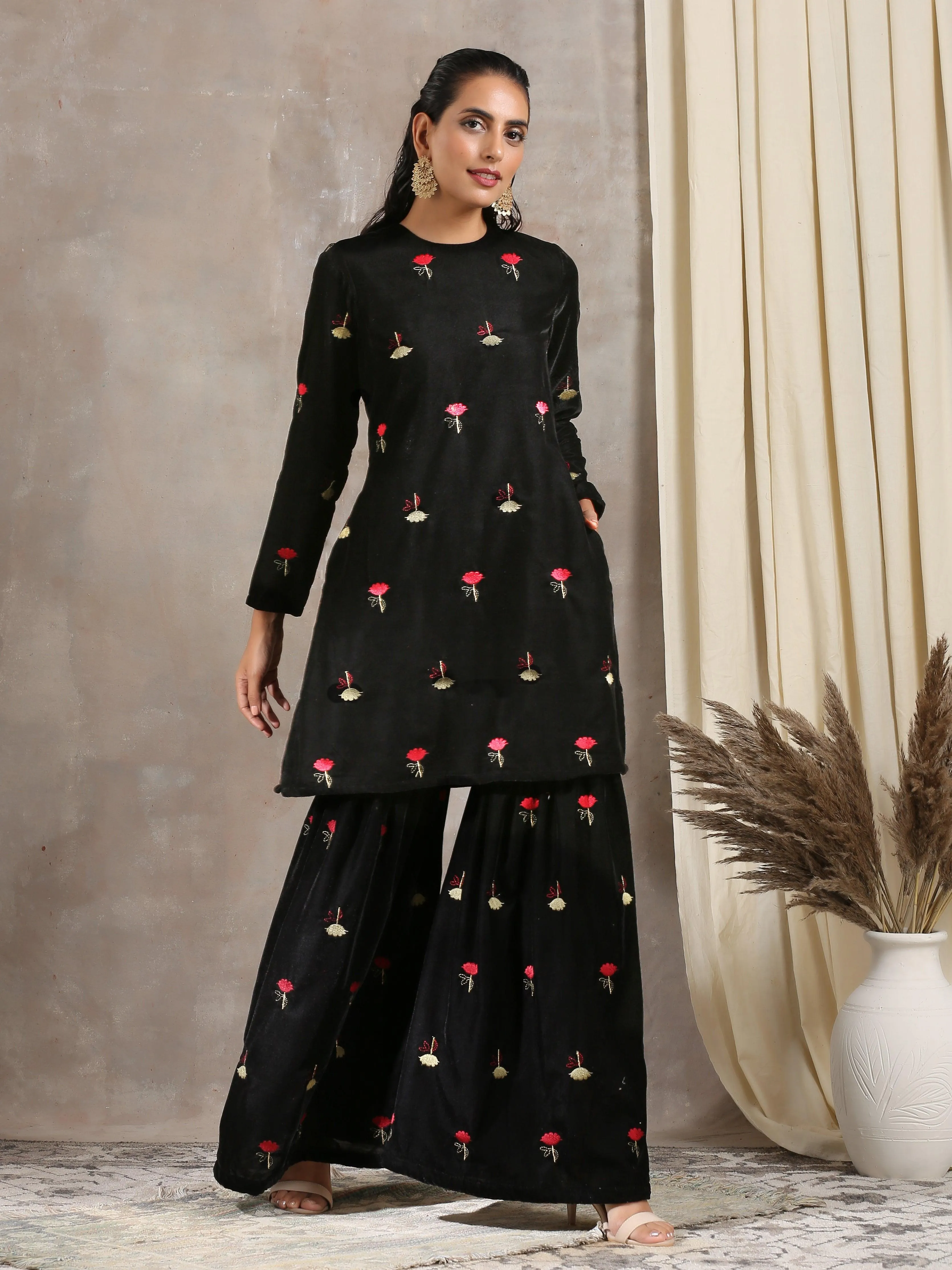 Black Velvet Embroidered Kurta Sharara Set