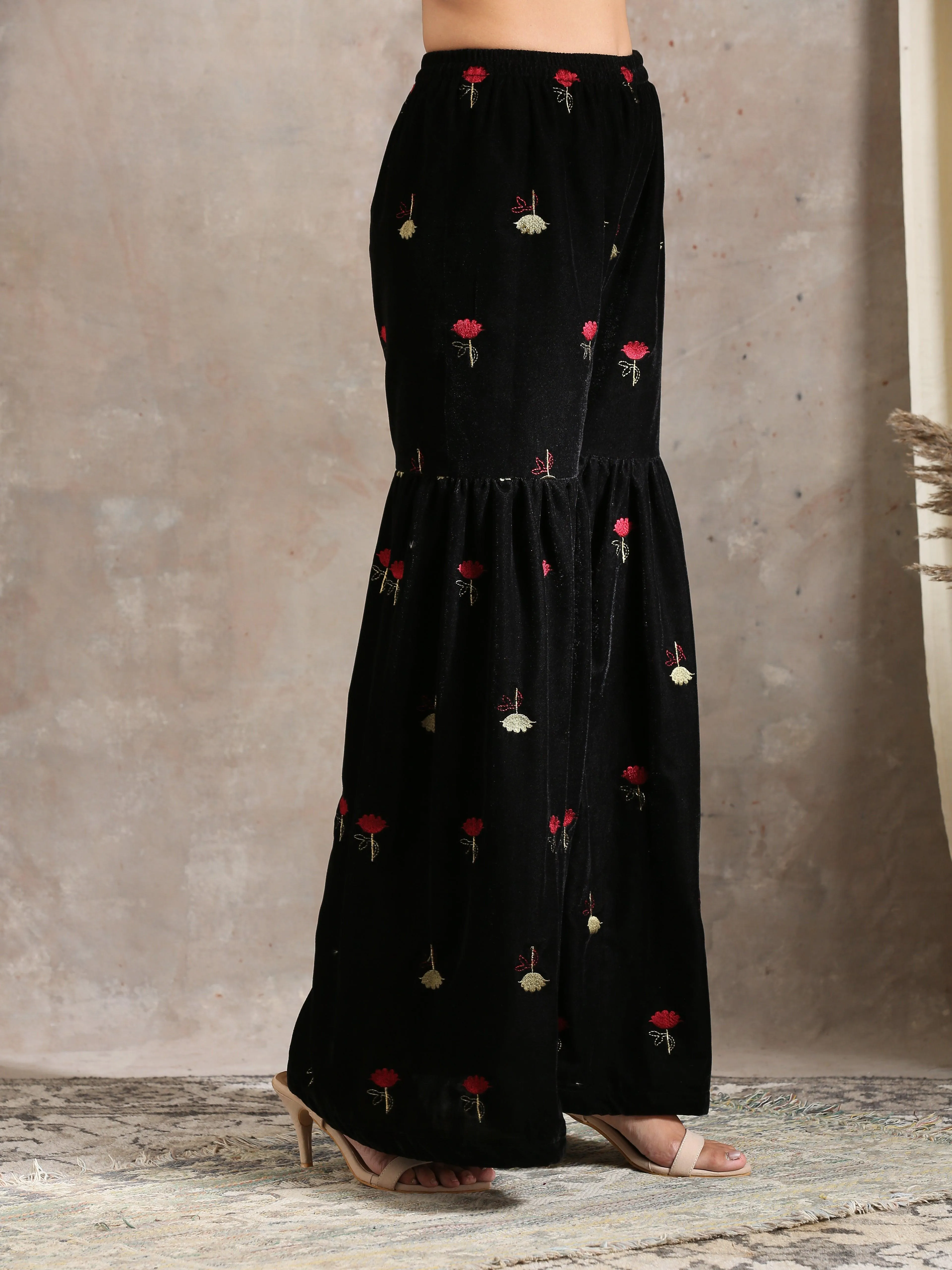 Black Velvet Embroidered Kurta Sharara Set