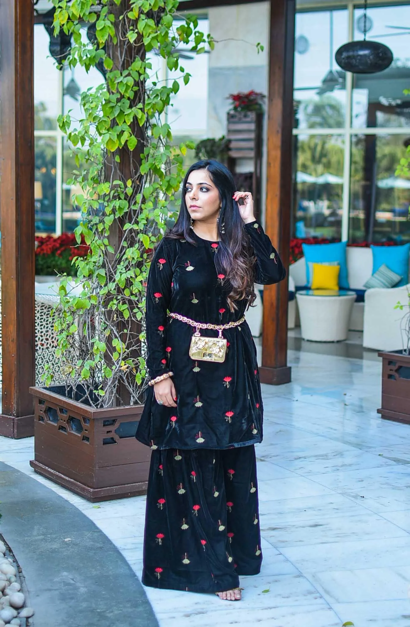 Black Velvet Embroidered Kurta Sharara Set