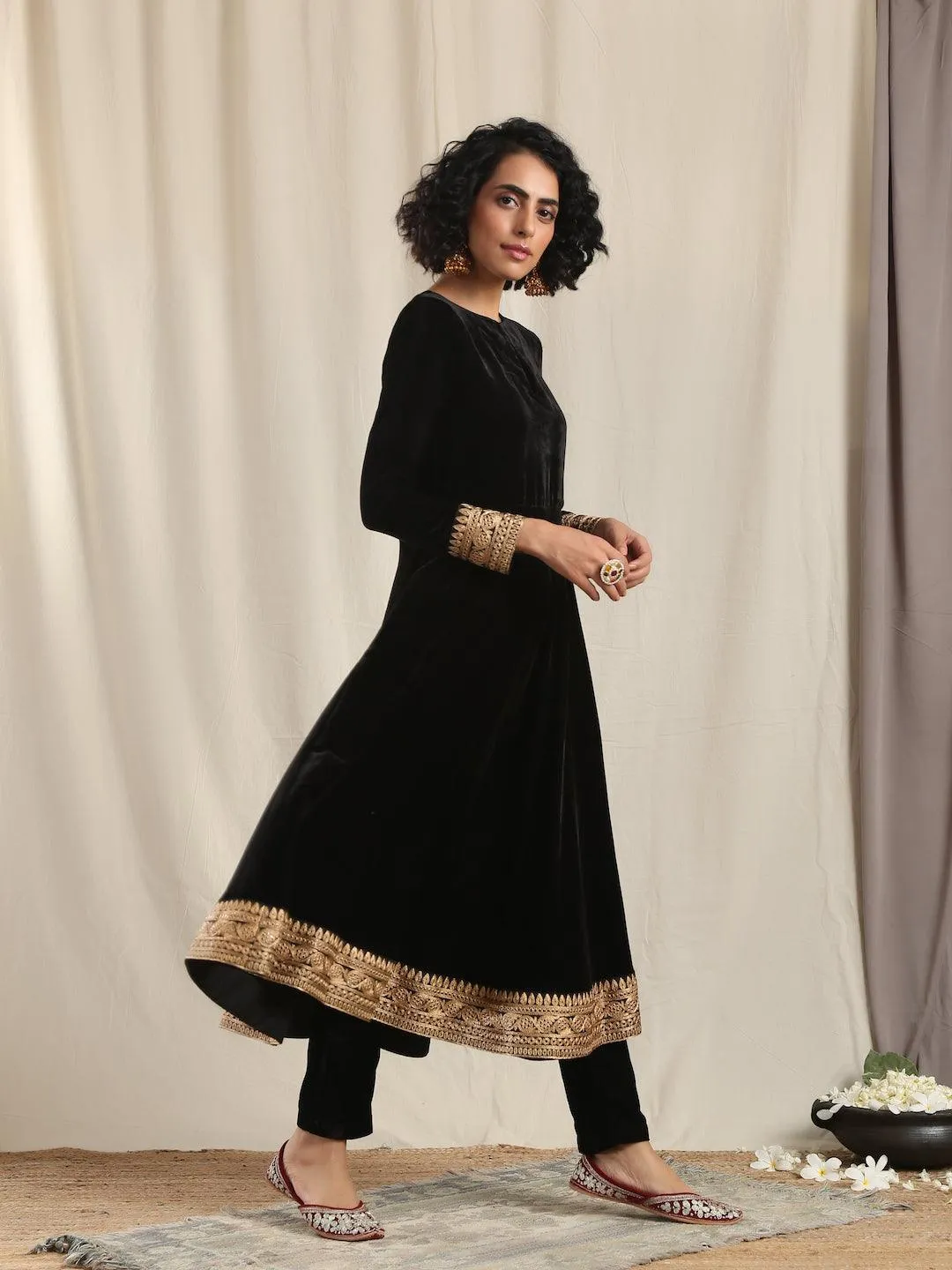 Black Velvet Flared Embroidered Kurta