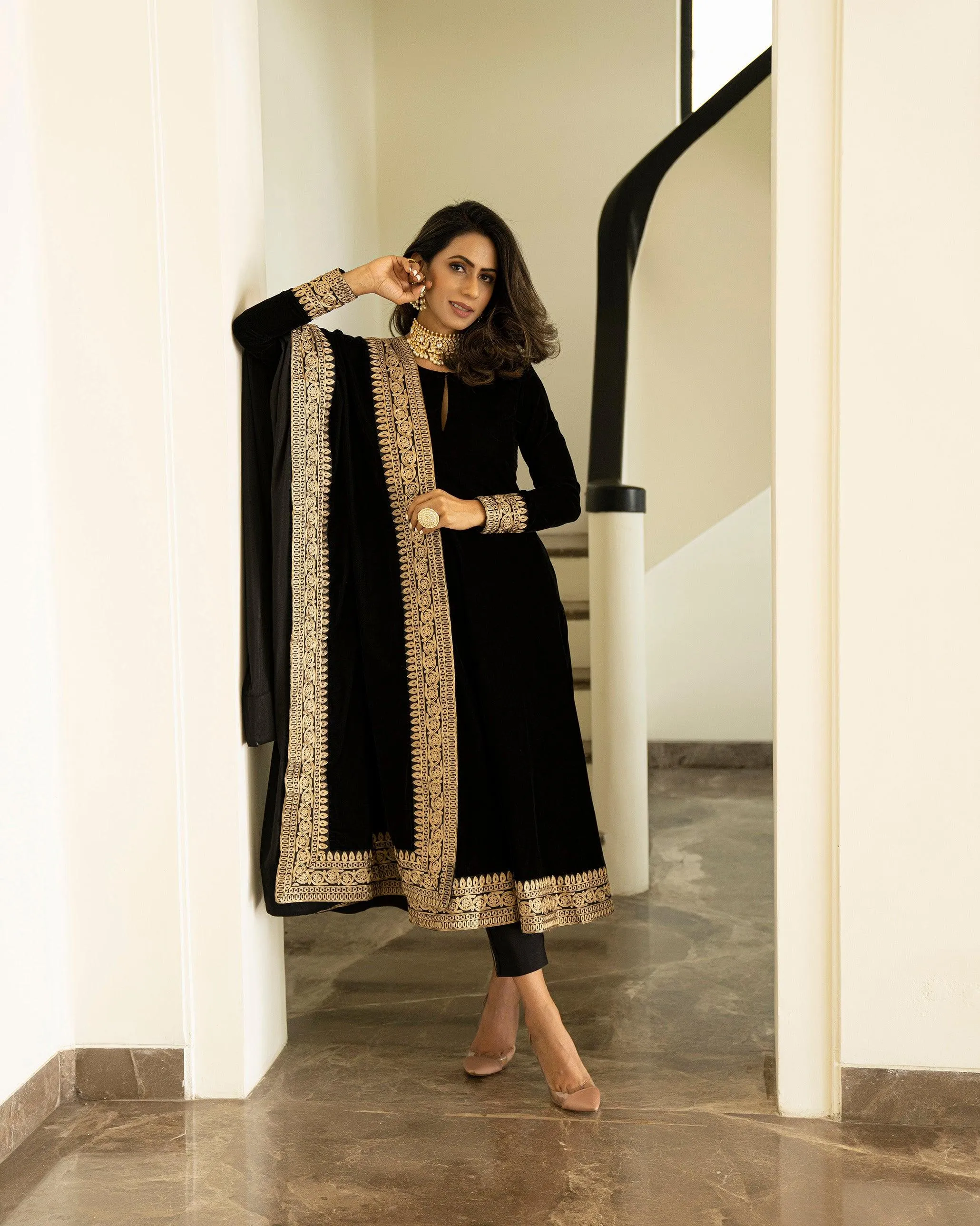 Black Velvet Flared Embroidered Kurta