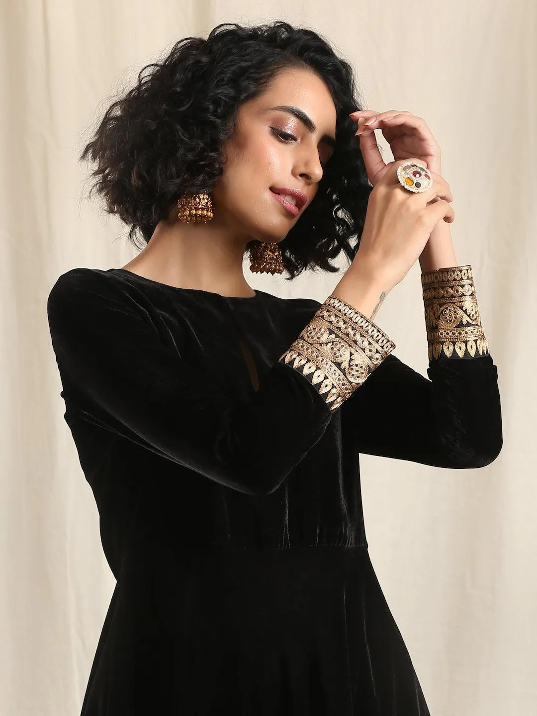 Black Velvet Flared Embroidered Kurta