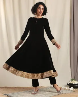 Black Velvet Flared Embroidered Kurta