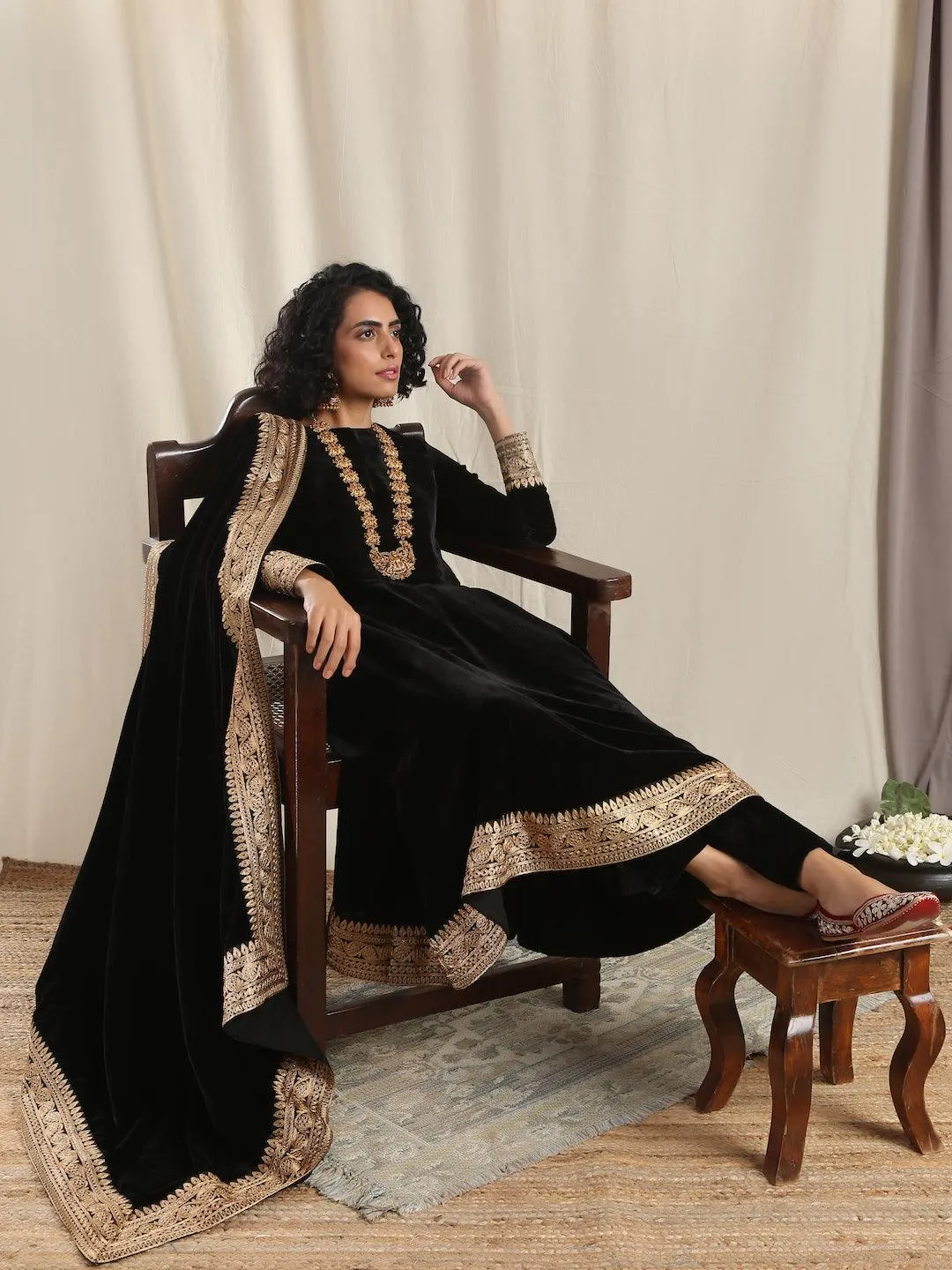 Black Velvet Flared Embroidered Kurta