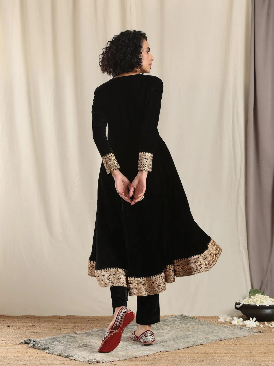 Black Velvet Flared Embroidered Kurta