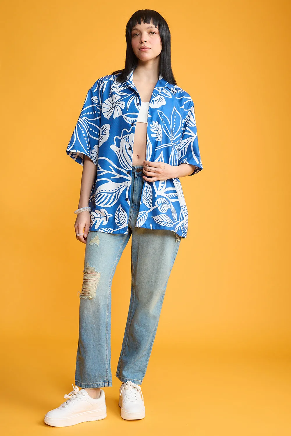 Blue Flower Print Women's Resort Shirt