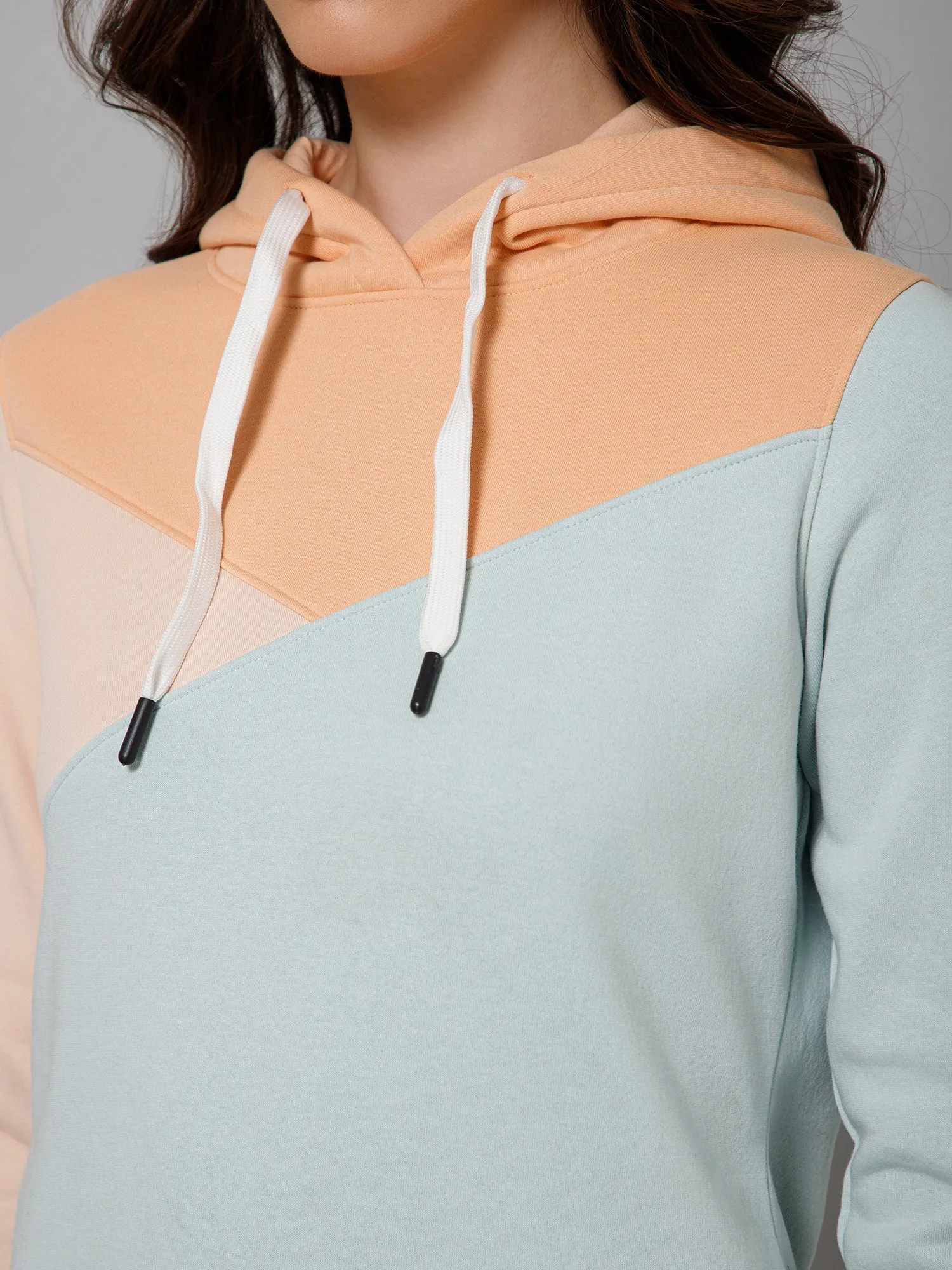 Cantabil Color-Block Mint Full Sleeves Regular Fit Casual Sweatshirt with Hoodie For Women