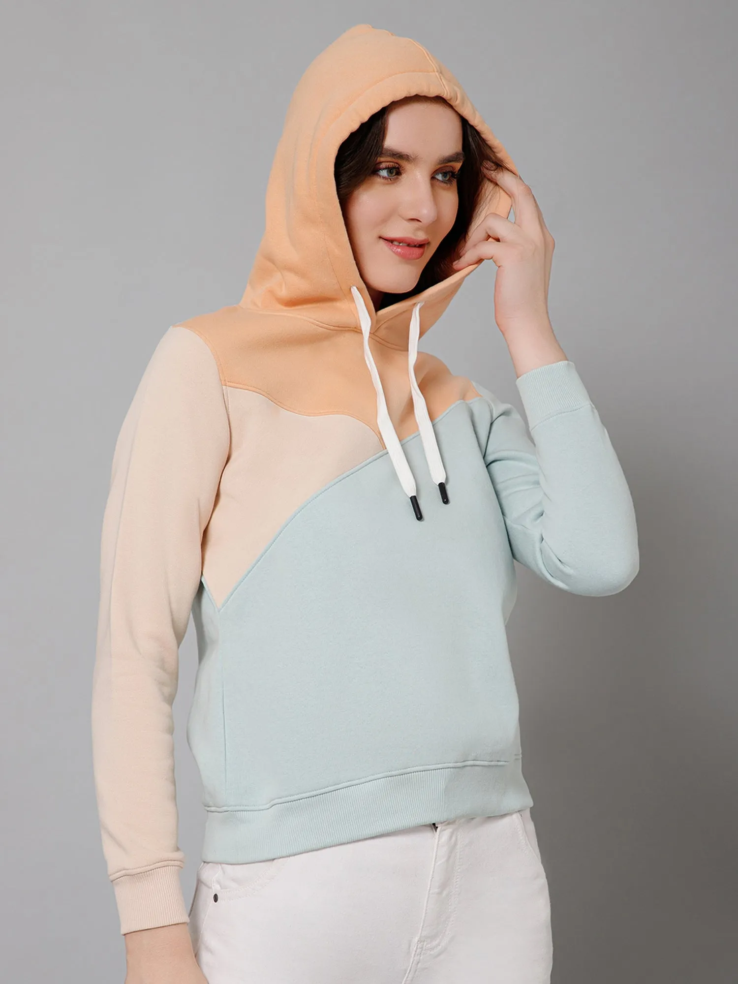 Cantabil Color-Block Mint Full Sleeves Regular Fit Casual Sweatshirt with Hoodie For Women