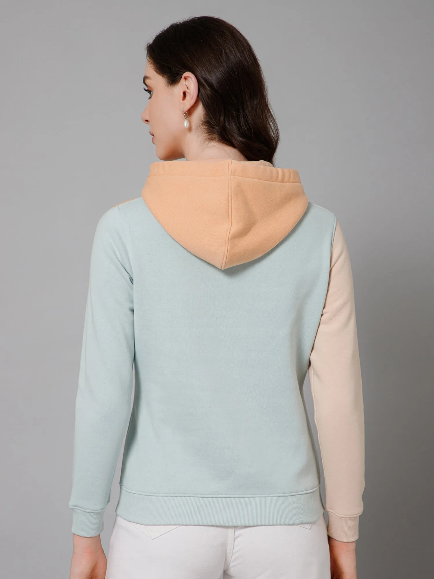 Cantabil Color-Block Mint Full Sleeves Regular Fit Casual Sweatshirt with Hoodie For Women