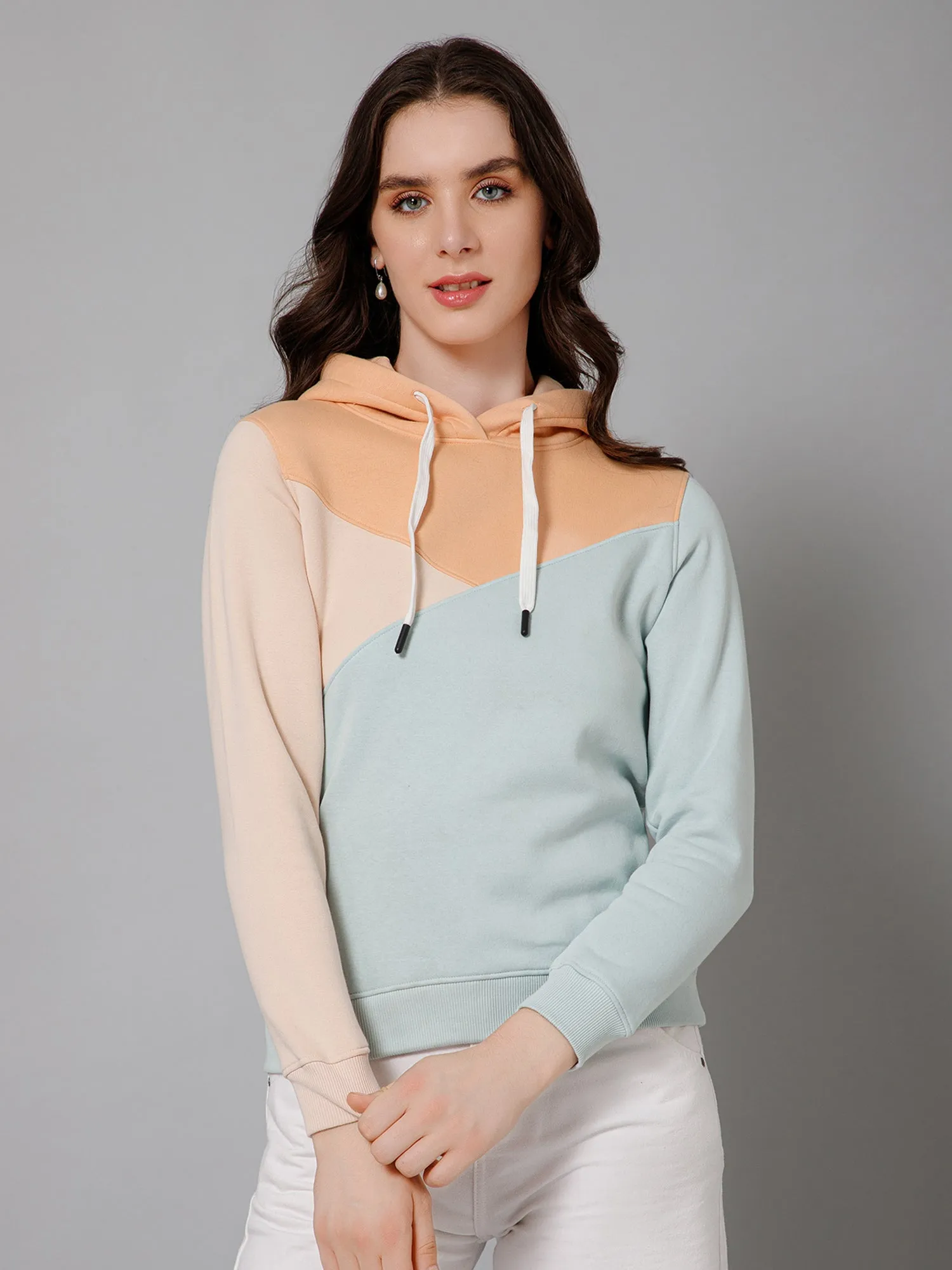 Cantabil Color-Block Mint Full Sleeves Regular Fit Casual Sweatshirt with Hoodie For Women