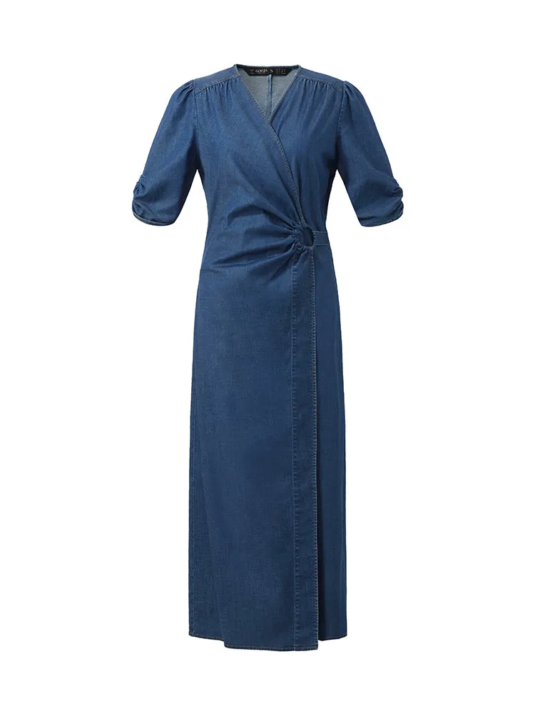 Denim V-Neck Twist Waist Women Midi Dress