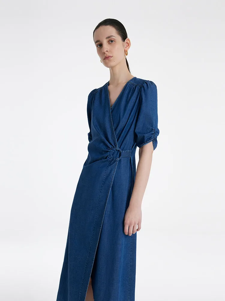 Denim V-Neck Twist Waist Women Midi Dress