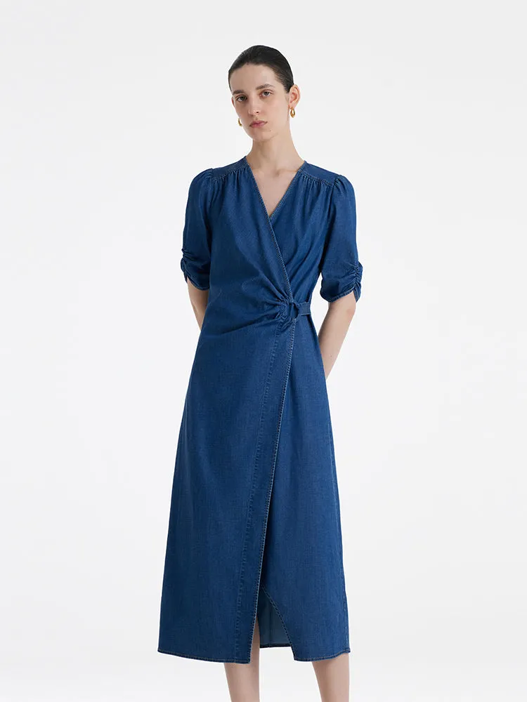 Denim V-Neck Twist Waist Women Midi Dress