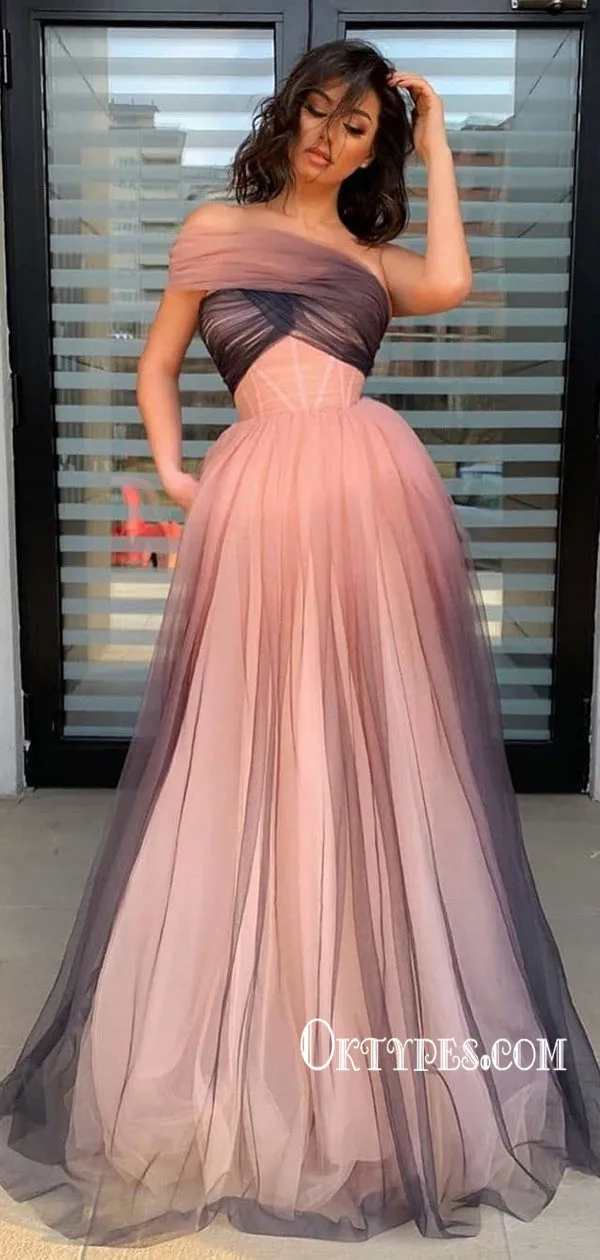 Elegant A-line Sleeveless Tulle  Long Prom Dresses, PDS0128