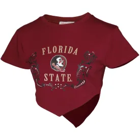 Emerson Street Women's Florida State/Seminole Logo Glitter Design Short Sleeve Crop Dart T-shirt - Garnet