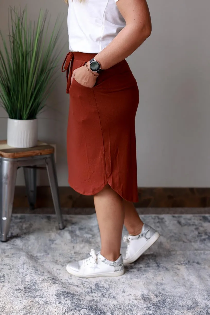 Fired Brick Drawstring Midi Skirt