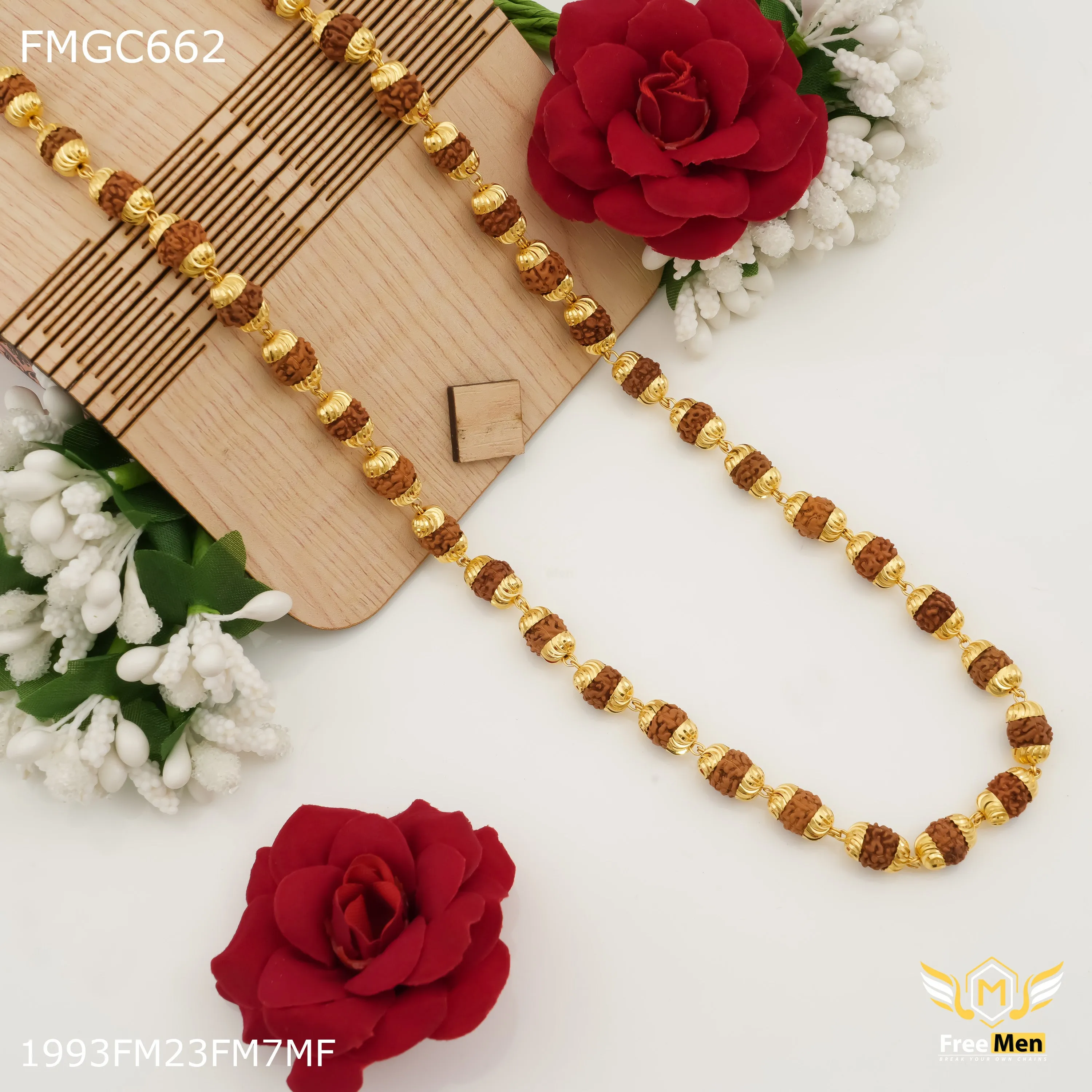 Freemen Brown Rudraksha Mala Gold Plated for Man - FMGC662