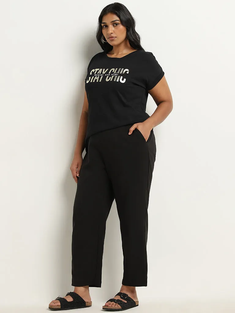 Gia Black Text Printed Cotton T-Shirt