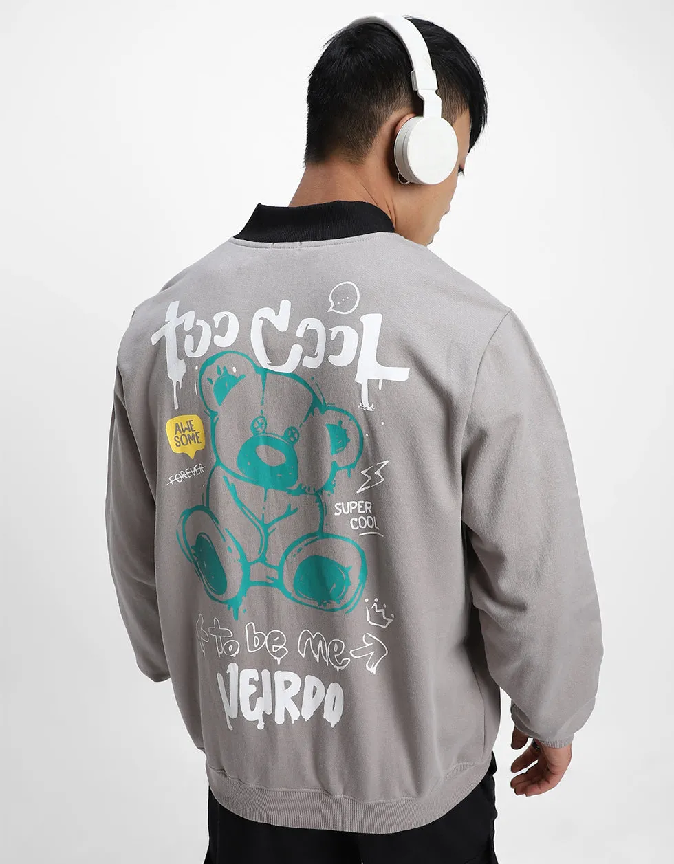 Grey Back Graphic Printed Varsity Jacket