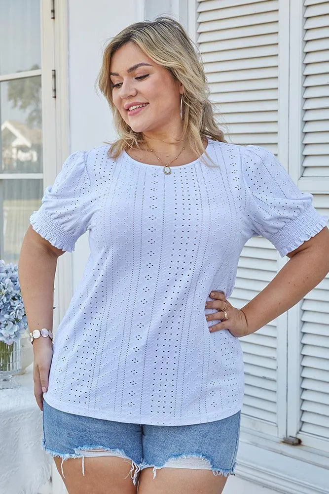 HN Women Plus Size Hollowed-out Short Sleeve Crew Neck Pullover Tops