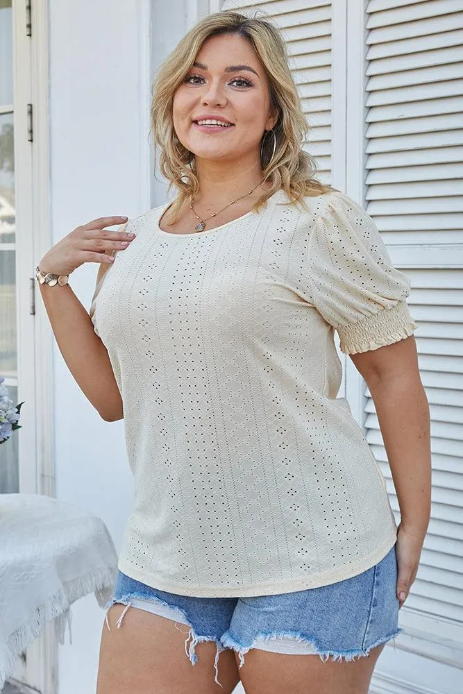 HN Women Plus Size Hollowed-out Short Sleeve Crew Neck Pullover Tops