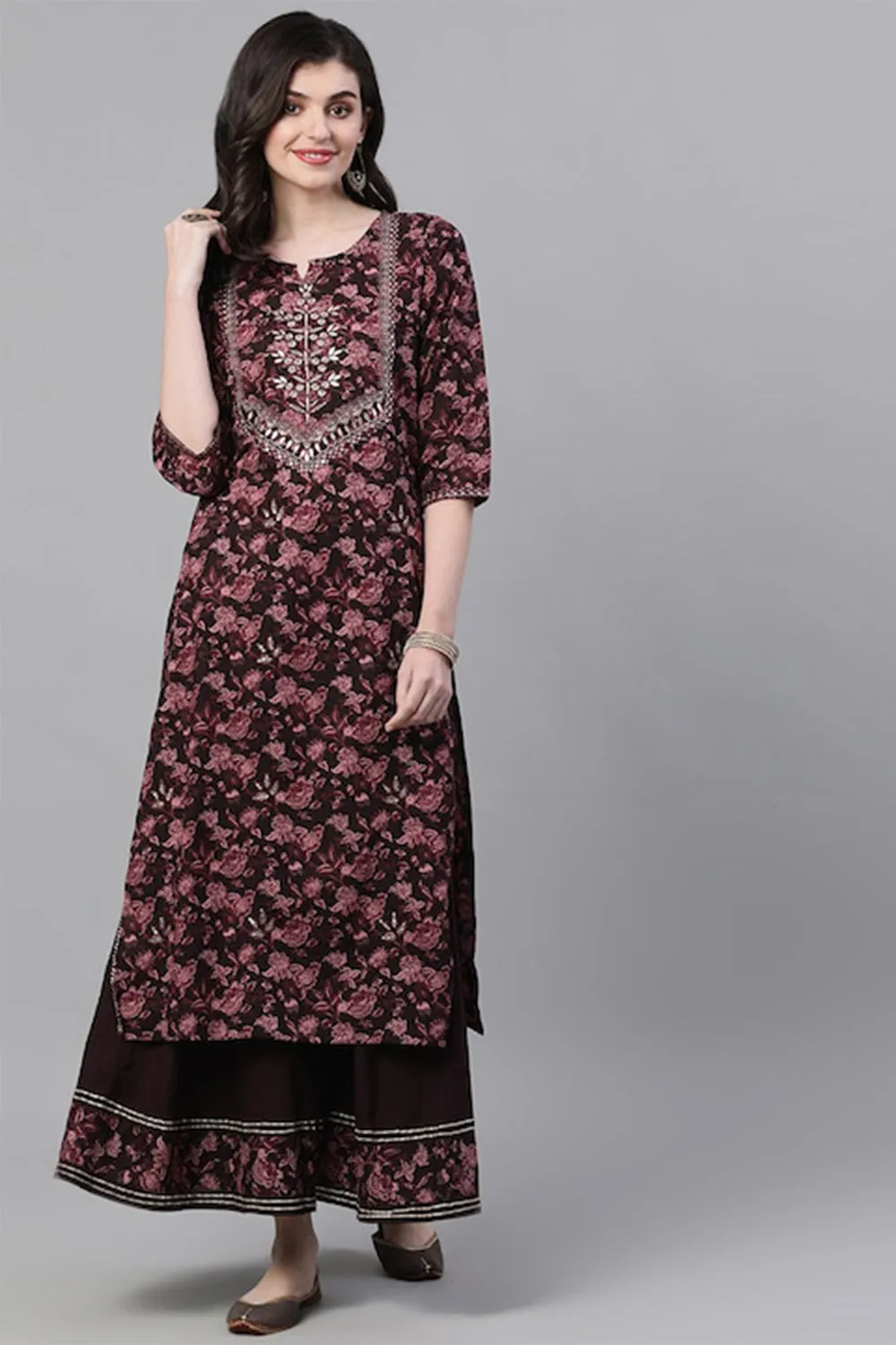 Ishin Women Burgundy Ethnic Cotton Kurti Set