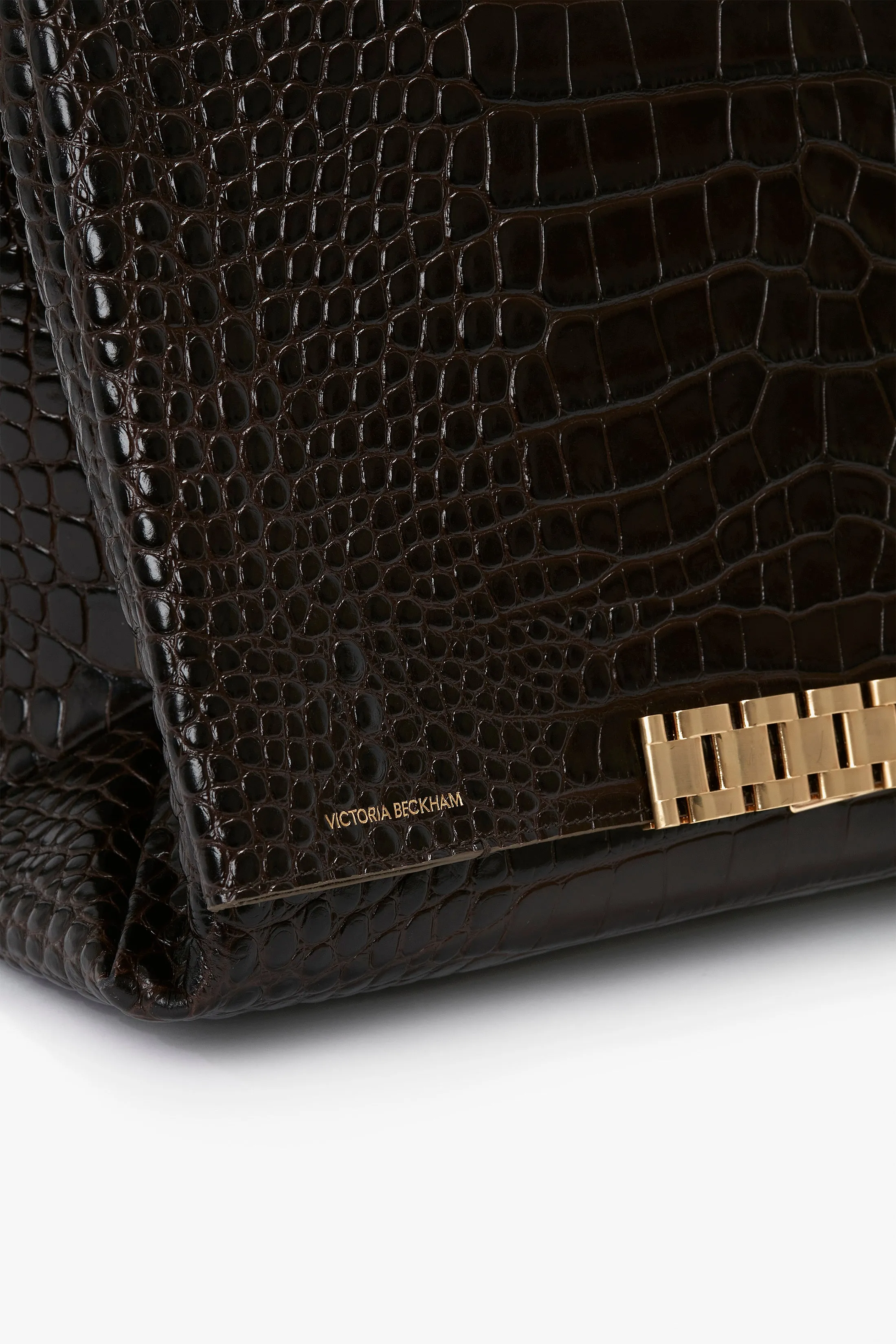 Jumbo Chain Pouch Bag In Chocolate Croc Embossed Leather