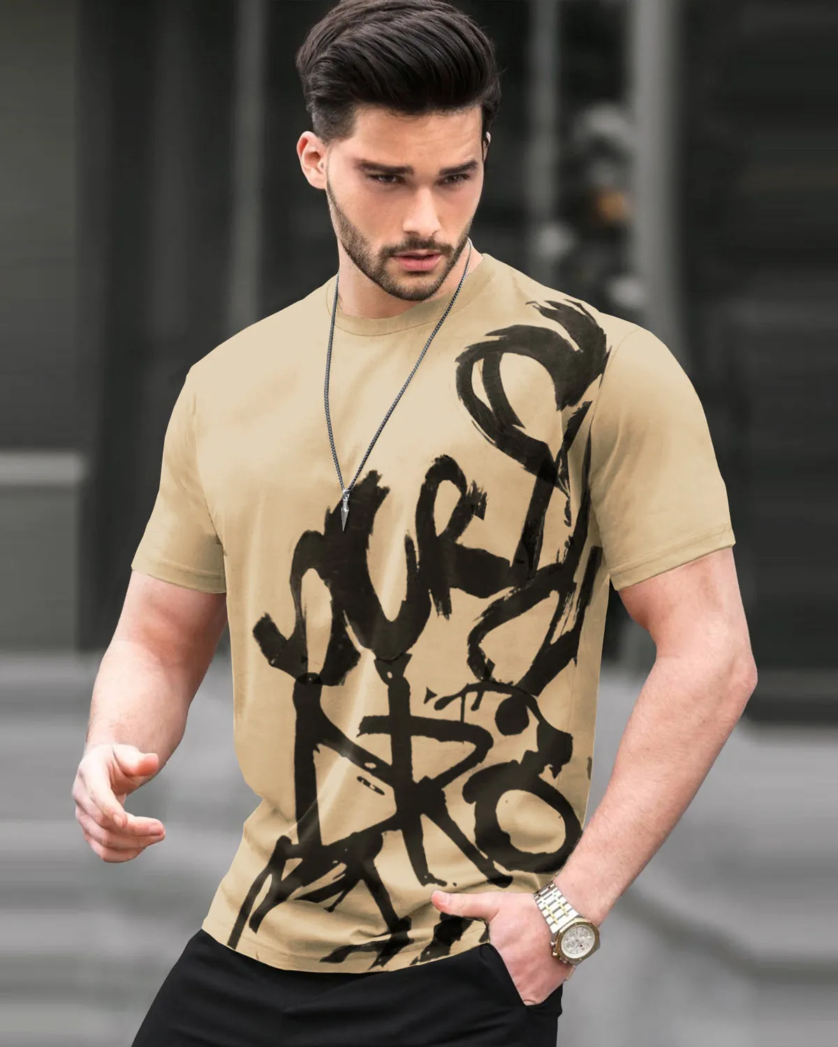 Men Beige Printed Half Sleeve Round Neck T-shirt